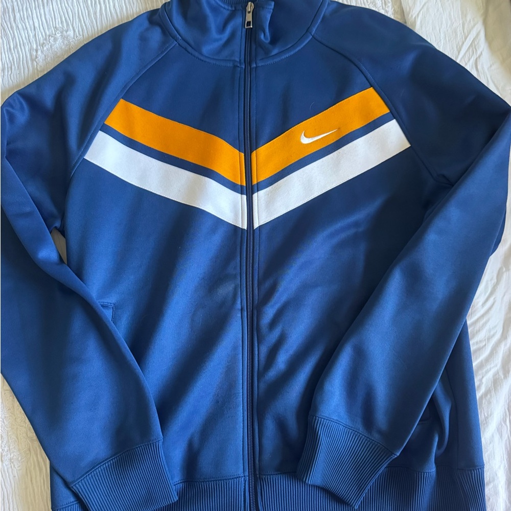Vintage Nike Men’s Blue Track Jacket with Yellow & White Chevron zip up large